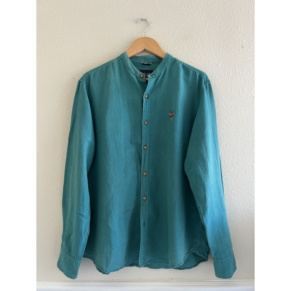 U.S. Polo Assn Vtg Men's Button Up Shirt Linen Mock Neck Preppy Casual Old Money